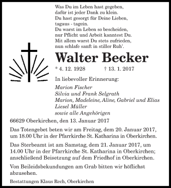 Todesanzeige von Walter Becker von saarbruecker_zeitung