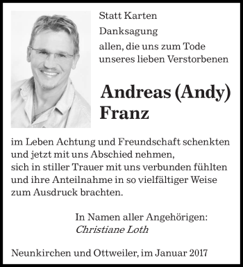 Todesanzeige von Andreas Franz von saarbruecker_zeitung