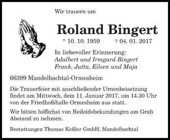 Todesanzeige von Roland Bingert von saarbruecker_zeitung