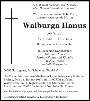 Todesanzeige von Walburga Hanus von saarbruecker_zeitung