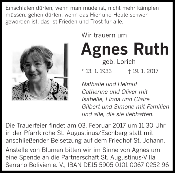 Todesanzeige von Agnes Ruth von saarbruecker_zeitung