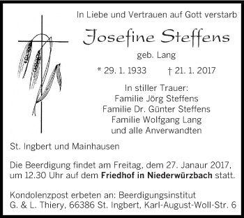Todesanzeige von Josefine Steffens von saarbruecker_zeitung