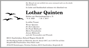Todesanzeige von Lothar Quinten von saarbruecker_zeitung