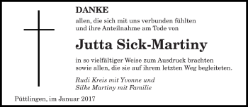 Todesanzeige von Jutta Sick-Martiny von saarbruecker_zeitung