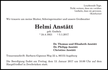 Todesanzeige von Helmi Anstätt von saarbruecker_zeitung