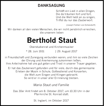 Todesanzeige von Berthold Staut von saarbruecker_zeitung