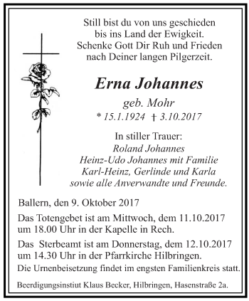 Todesanzeige von Erna Johannes von saarbruecker_zeitung
