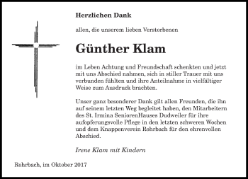 Todesanzeige von Günther Klam von saarbruecker_zeitung