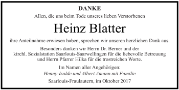 Todesanzeige von Heinz Blatter von saarbruecker_zeitung