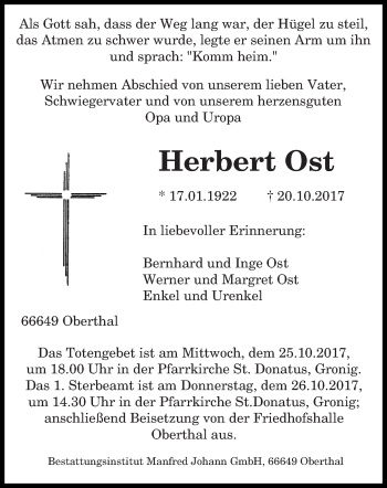 Todesanzeige von Herbert Ost von saarbruecker_zeitung