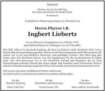 Todesanzeige von Ingbert Liebertz von saarbruecker_zeitung