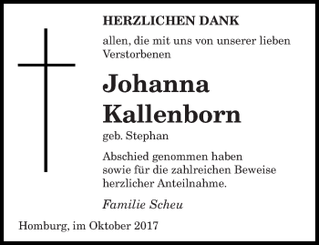 Todesanzeige von Johanna Kallenborn von saarbruecker_zeitung
