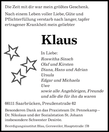 Todesanzeige von Klaus  von saarbruecker_zeitung