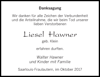 Todesanzeige von Liesel Hawner von saarbruecker_zeitung