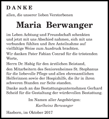 Todesanzeige von Maria Berwanger von saarbruecker_zeitung