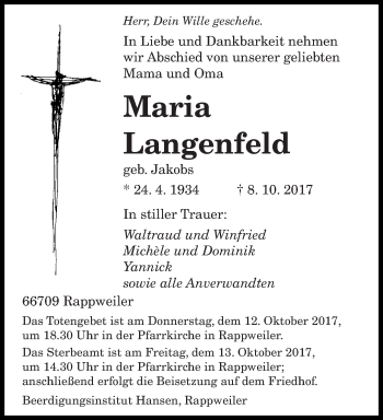 Todesanzeige von Maria Langenfeld von saarbruecker_zeitung