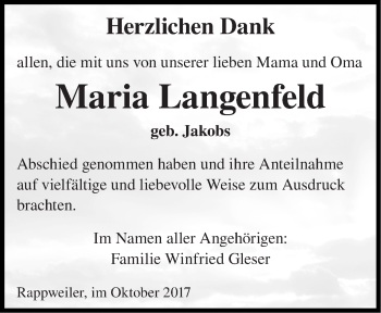 Todesanzeige von Maria Langenfeld von saarbruecker_zeitung