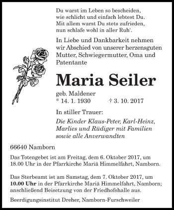 Todesanzeige von Maria Seiler von saarbruecker_zeitung