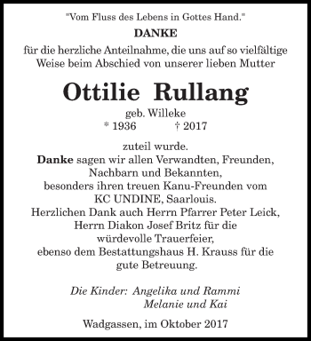 Todesanzeige von Ottilie Rullang von saarbruecker_zeitung