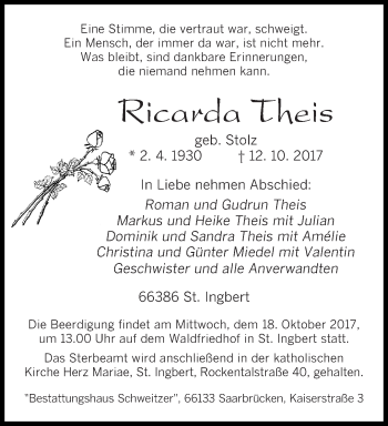 Todesanzeige von Ricarda Theis von saarbruecker_zeitung