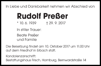 Todesanzeige von Rudolf Preßer von saarbruecker_zeitung