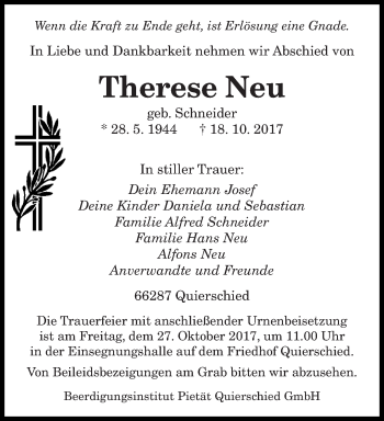 Todesanzeige von Therese Neu von saarbruecker_zeitung