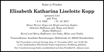 Todesanzeige von Elisabeth Katharina Liselotte Kopp von saarbruecker_zeitung