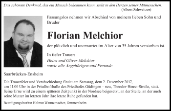 Todesanzeige von Florian Melchior von saarbruecker_zeitung