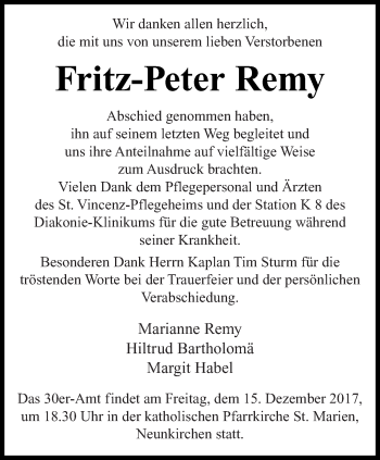 Todesanzeige von Fritz-Peter Remy von saarbruecker_zeitung