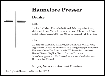 Todesanzeige von Hannelore Presser von saarbruecker_zeitung