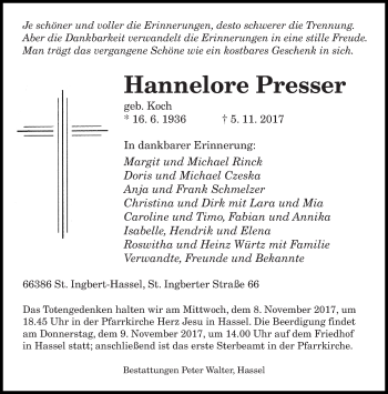 Todesanzeige von Hannelore Presser von saarbruecker_zeitung