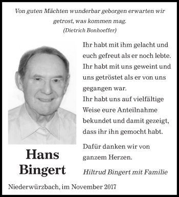 Todesanzeige von Hans Bingert von saarbruecker_zeitung