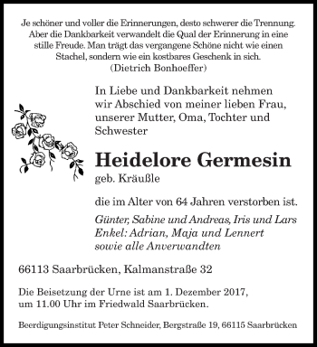Todesanzeige von Heidelore Germesin von saarbruecker_zeitung