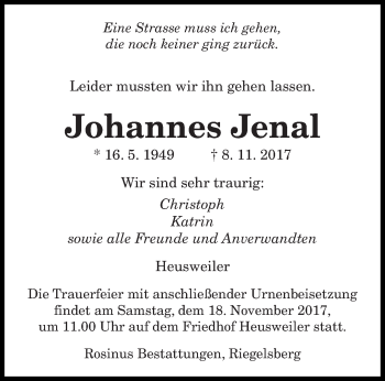 Todesanzeige von Johannes Jenal von saarbruecker_zeitung