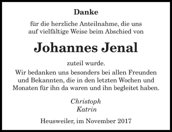 Todesanzeige von Johannes Jenal von saarbruecker_zeitung