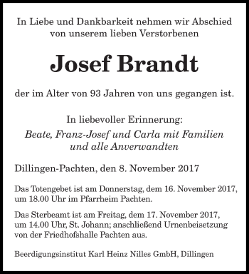 Todesanzeige von Josef Brandt von saarbruecker_zeitung