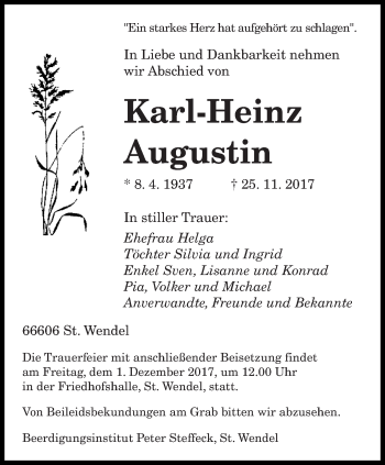 Todesanzeige von Karl-Heinz Augustin von saarbruecker_zeitung