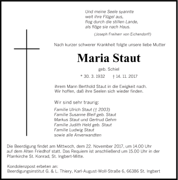 Todesanzeige von Maria Staut von saarbruecker_zeitung