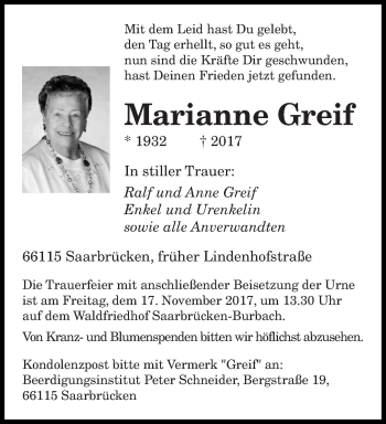 Todesanzeige von Marianne Greif von saarbruecker_zeitung