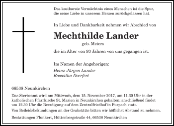 Todesanzeige von Mechthilde Lander von saarbruecker_zeitung