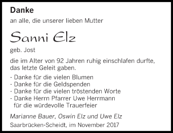 Todesanzeige von Sanni Elz von saarbruecker_zeitung