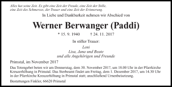 Todesanzeige von Werner Berwanger von saarbruecker_zeitung