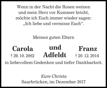 Todesanzeige von Carola und Franz Adfeldt von saarbruecker_zeitung