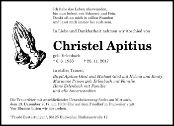 Todesanzeige von Christel Apitius von saarbruecker_zeitung