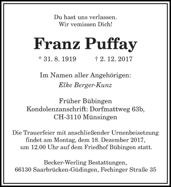 Todesanzeige von Franz Puffay von saarbruecker_zeitung