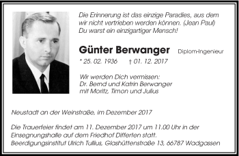 Todesanzeige von Günter Berwanger von saarbruecker_zeitung