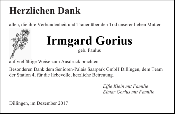 Todesanzeige von Irmgard Gorius von saarbruecker_zeitung