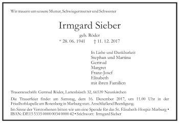 Todesanzeige von Irmgard Sieber von saarbruecker_zeitung