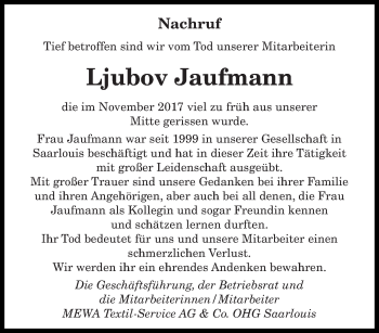 Todesanzeige von Ljubov Jaufmann von saarbruecker_zeitung