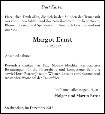 Todesanzeige von Margot Ernst von saarbruecker_zeitung
